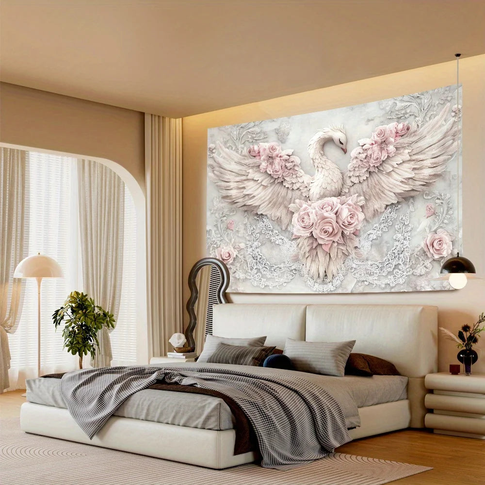Elegant 2D Pink Phoenix & Rose Tapestry - Polyester, No Power Needed - Ideal for Living Room, Bedroom, Office, Party Decor