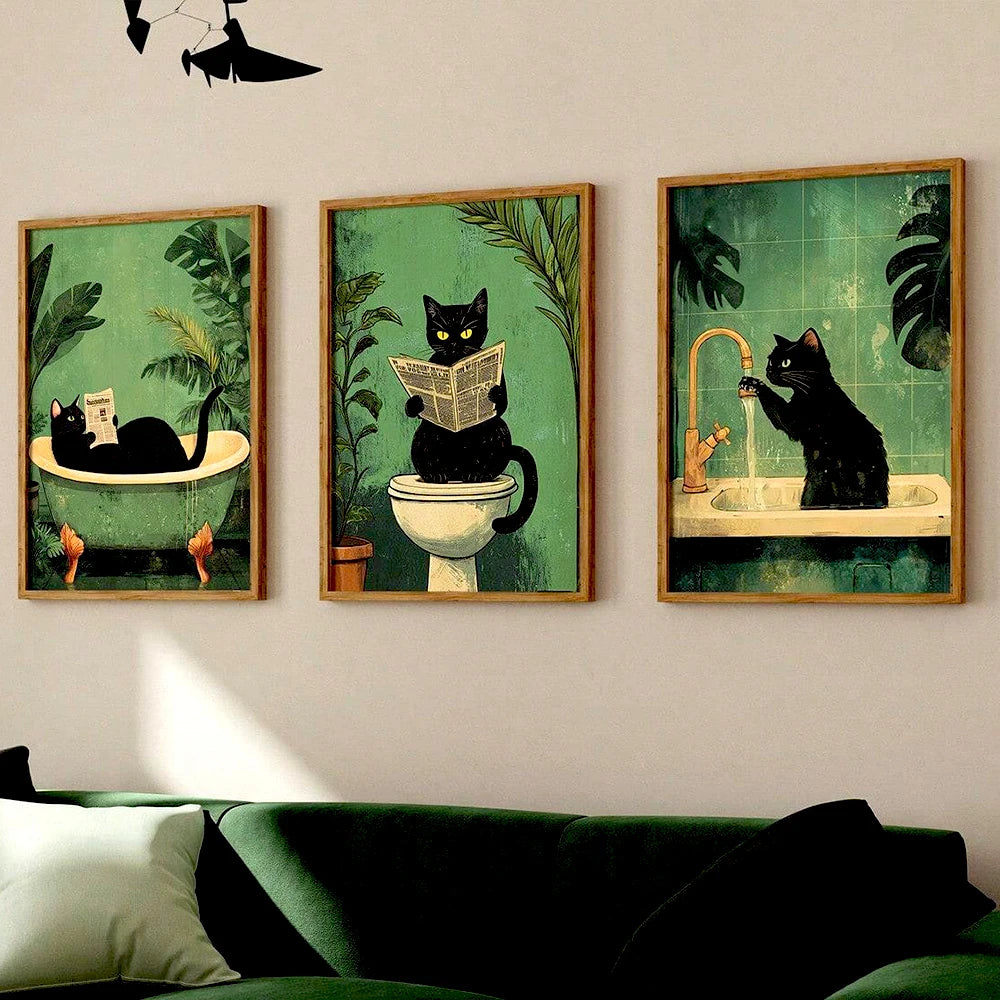 Whimsical Black Cat Reading Newspaper Poster Print Bathroom Vintage Green Maximalist Decor Funny Toilet Canvas Painting Wall Art