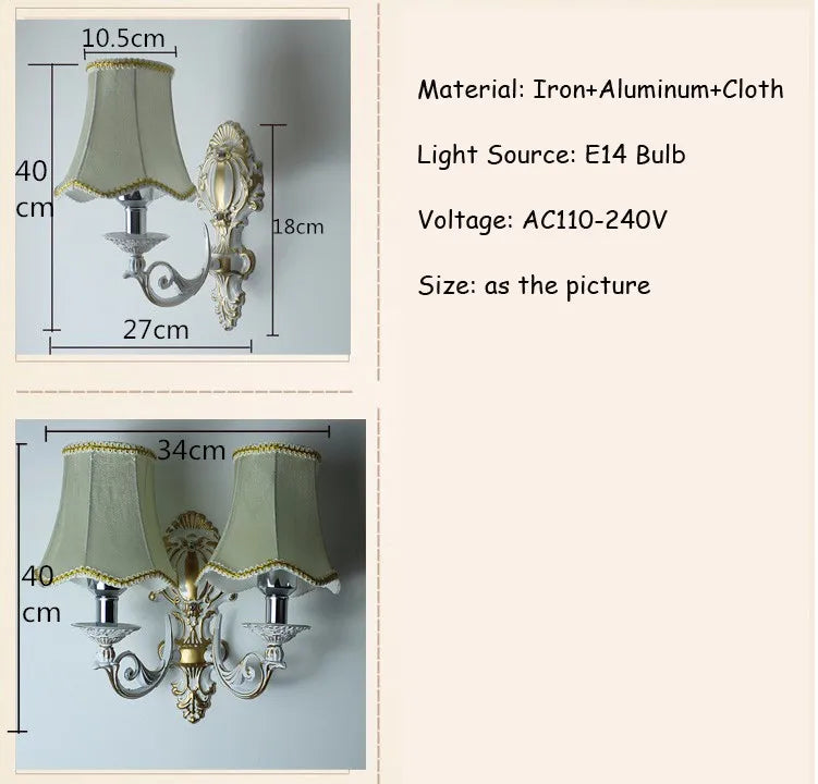 Fashion Vintage Iron Wall Lamp European Style Red Bronze Candlestick Design Single Head Cloth Cover Bedroom Decoration LED Light