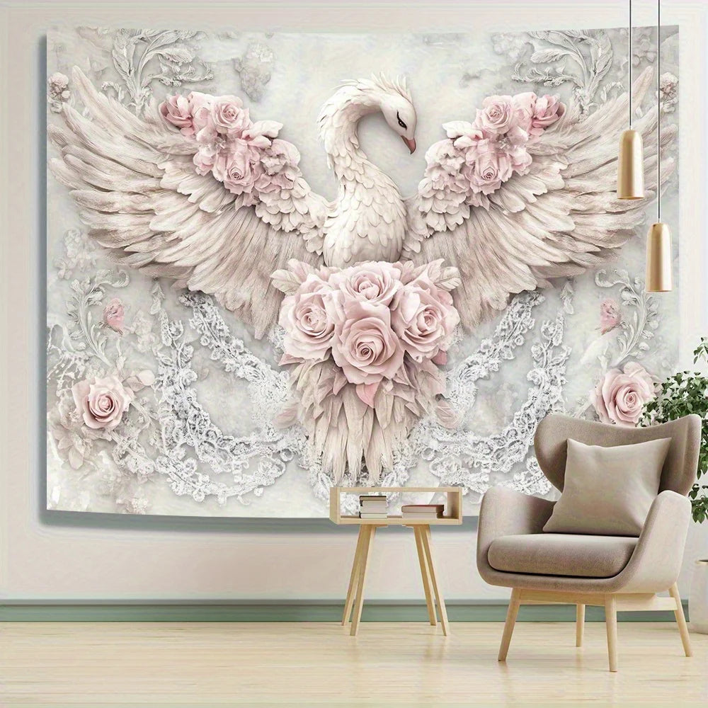 Elegant 2D Pink Phoenix & Rose Tapestry - Polyester, No Power Needed - Ideal for Living Room, Bedroom, Office, Party Decor