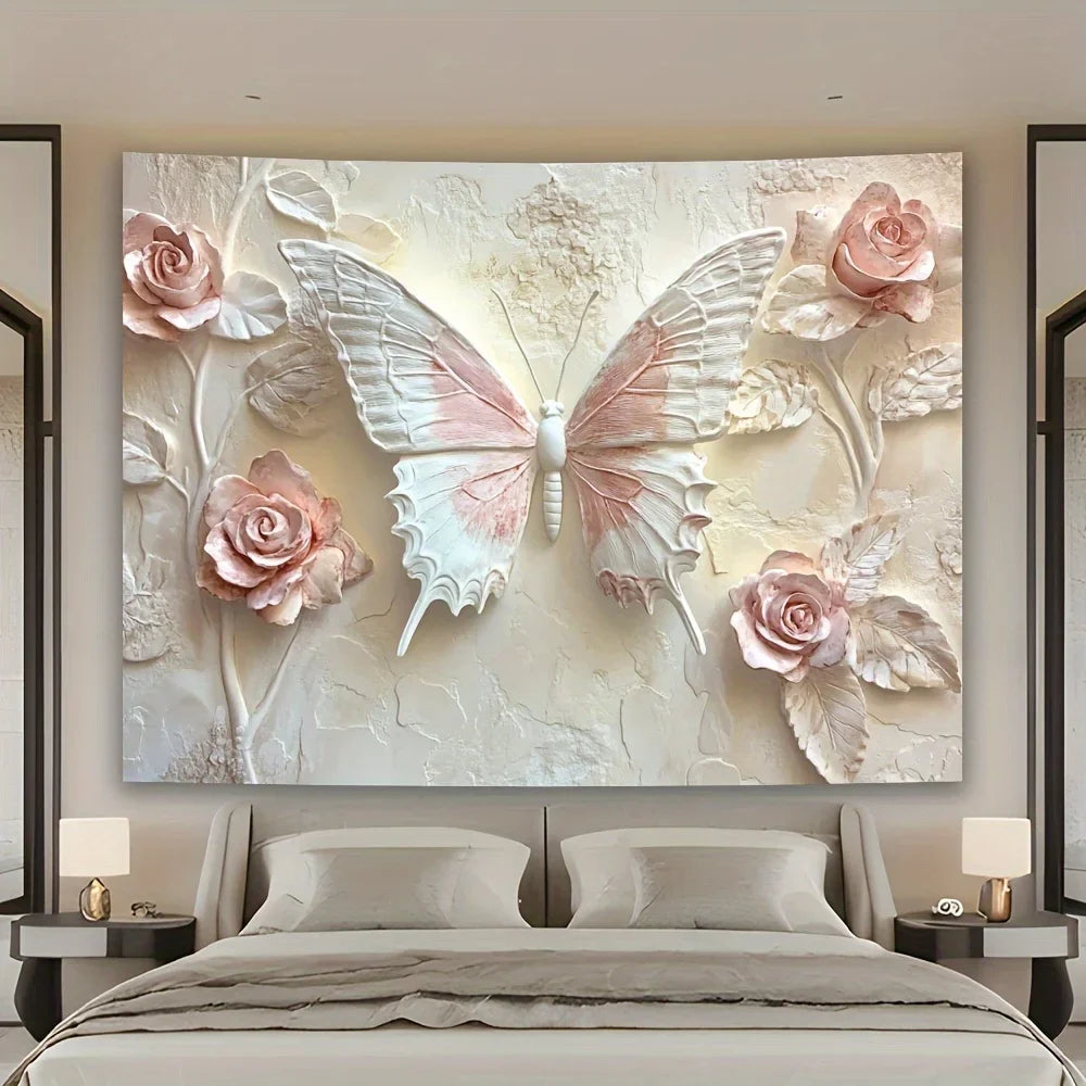 3D Effect Horizontal Wall Tapestries-Elegant Butterfly and Floral Design Living Room Bedroom Decoration Multiple Sizes