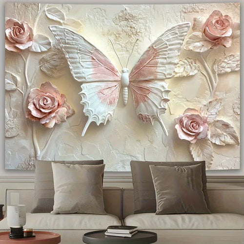 3D Effect Horizontal Wall Tapestries-Elegant Butterfly and Floral Design Living Room Bedroom Decoration Multiple Sizes