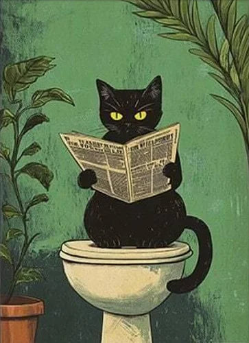Whimsical Black Cat Reading Newspaper Poster Print Bathroom Vintage Green Maximalist Decor Funny Toilet Canvas Painting Wall Art
