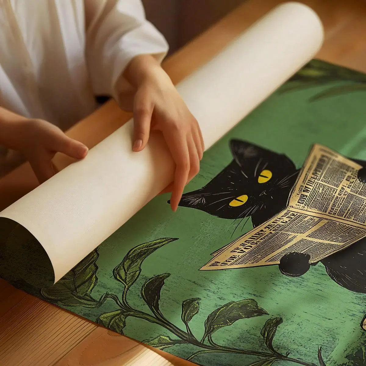 Whimsical Black Cat Reading Newspaper Poster Print Bathroom Vintage Green Maximalist Decor Funny Toilet Canvas Painting Wall Art