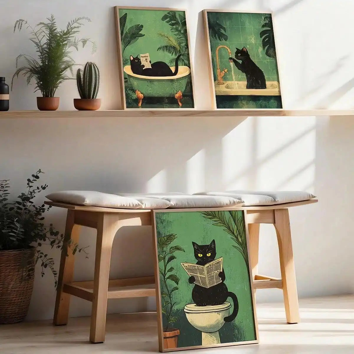 Whimsical Black Cat Reading Newspaper Poster Print Bathroom Vintage Green Maximalist Decor Funny Toilet Canvas Painting Wall Art