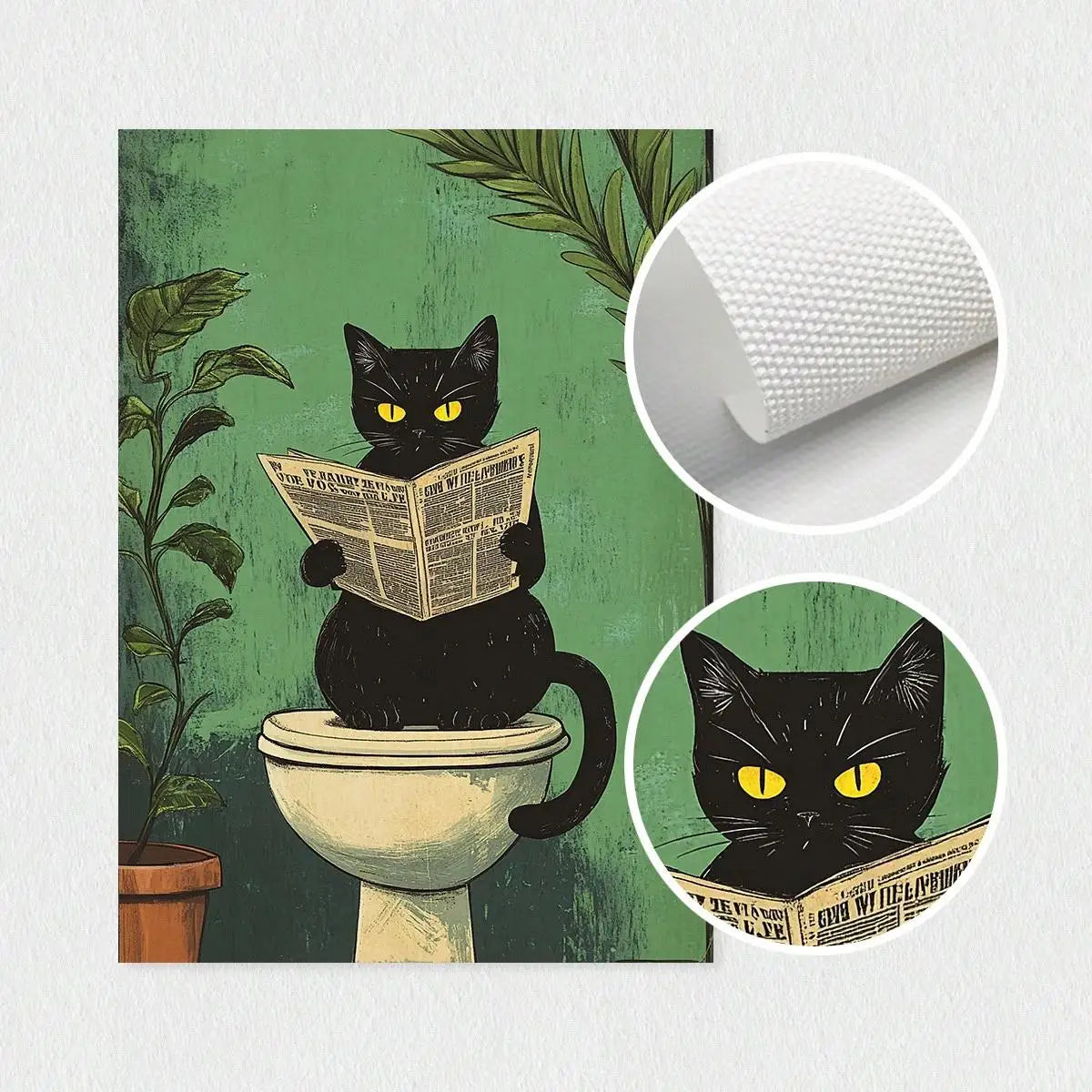 Whimsical Black Cat Reading Newspaper Poster Print Bathroom Vintage Green Maximalist Decor Funny Toilet Canvas Painting Wall Art