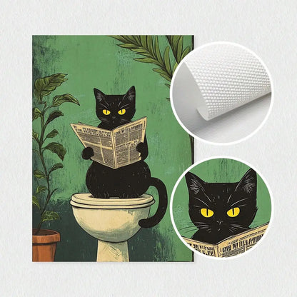 Whimsical Black Cat Reading Newspaper Poster Print Bathroom Vintage Green Maximalist Decor Funny Toilet Canvas Painting Wall Art