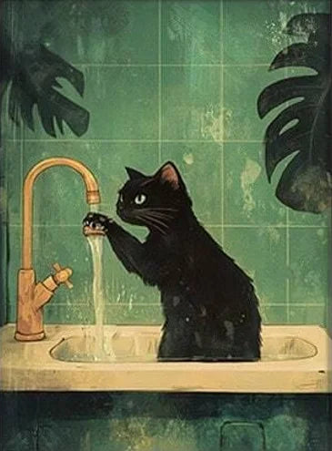 Whimsical Black Cat Reading Newspaper Poster Print Bathroom Vintage Green Maximalist Decor Funny Toilet Canvas Painting Wall Art