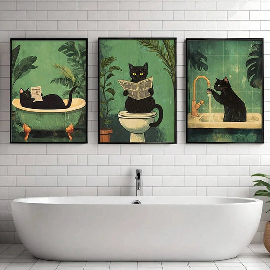 Whimsical Black Cat Reading Newspaper Poster Print Bathroom Vintage Green Maximalist Decor Funny Toilet Canvas Painting Wall Art
