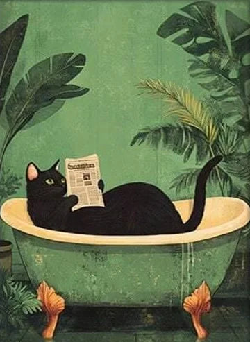 Whimsical Black Cat Reading Newspaper Poster Print Bathroom Vintage Green Maximalist Decor Funny Toilet Canvas Painting Wall Art