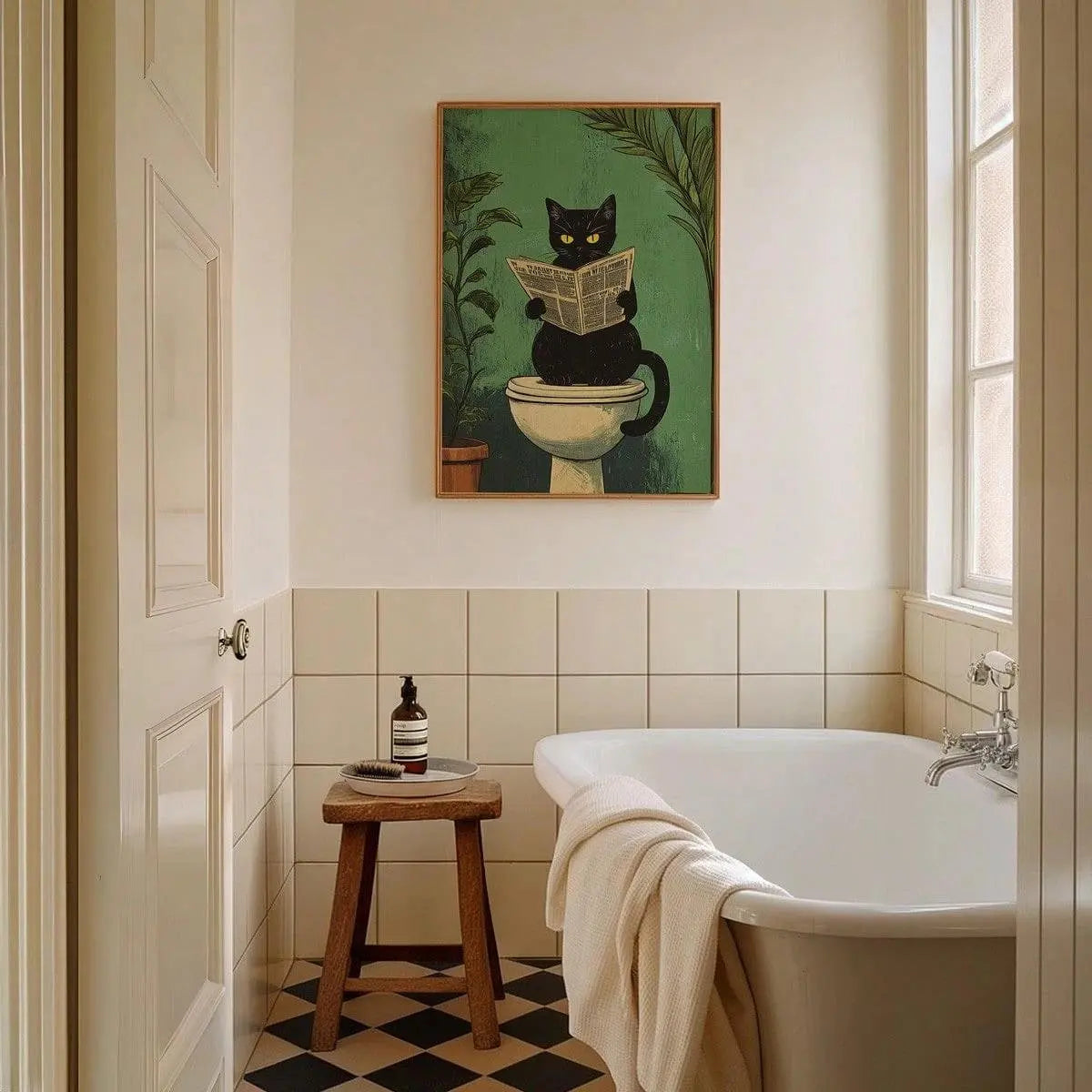 Whimsical Black Cat Reading Newspaper Poster Print Bathroom Vintage Green Maximalist Decor Funny Toilet Canvas Painting Wall Art
