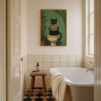 Whimsical Black Cat Reading Newspaper Poster Print Bathroom Vintage Green Maximalist Decor Funny Toilet Canvas Painting Wall Art