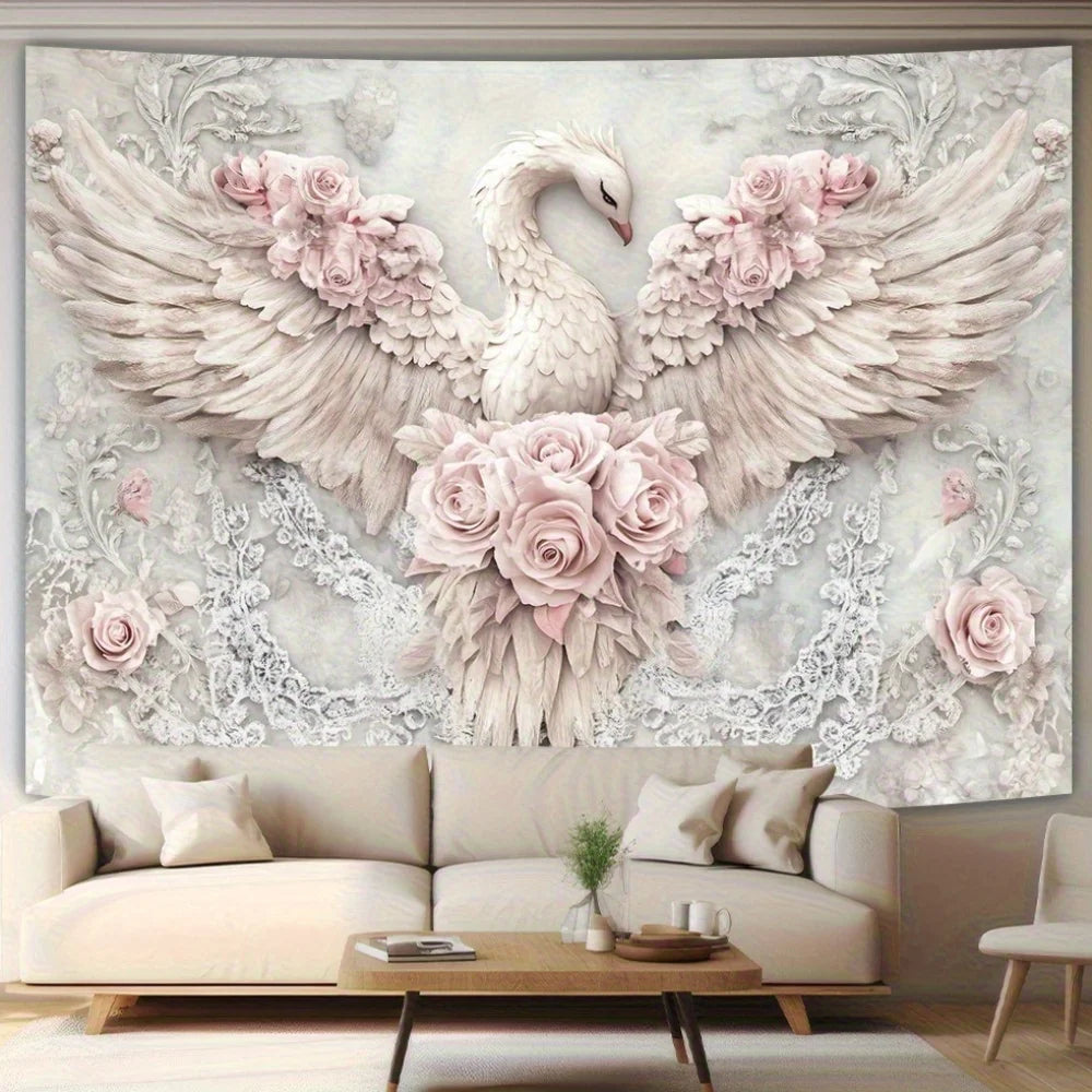 Elegant 2D Pink Phoenix & Rose Tapestry - Polyester, No Power Needed - Ideal for Living Room, Bedroom, Office, Party Decor