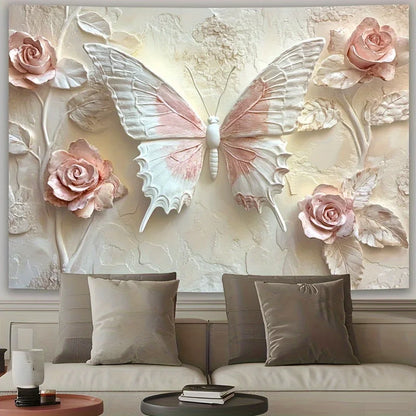 3D Effect Horizontal Wall Tapestries-Elegant Butterfly and Floral Design Living Room Bedroom Decoration Multiple Sizes