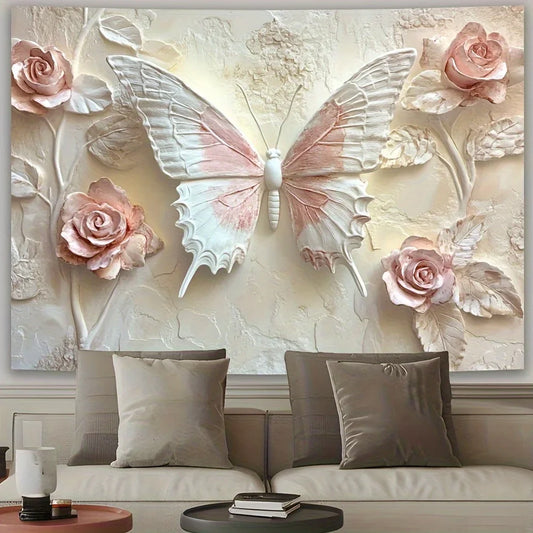 3D Effect Horizontal Wall Tapestries-Elegant Butterfly and Floral Design Living Room Bedroom Decoration Multiple Sizes